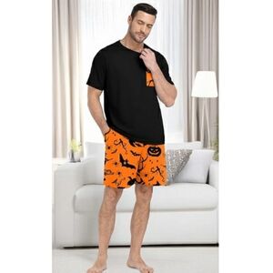 Men's Pajama Set Sleepwear Lightweight Short Sleeve Black /Orange New